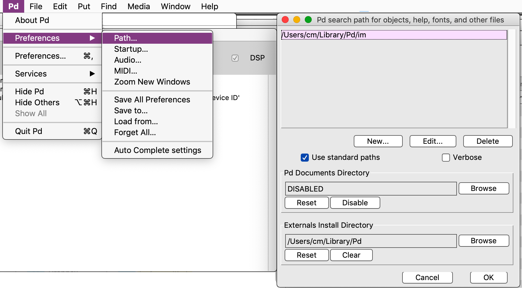 The PD menu highlighted on a Mac OS screen, showing preferences, then path. The PD search window shows /users/cm/Library/Pd/im