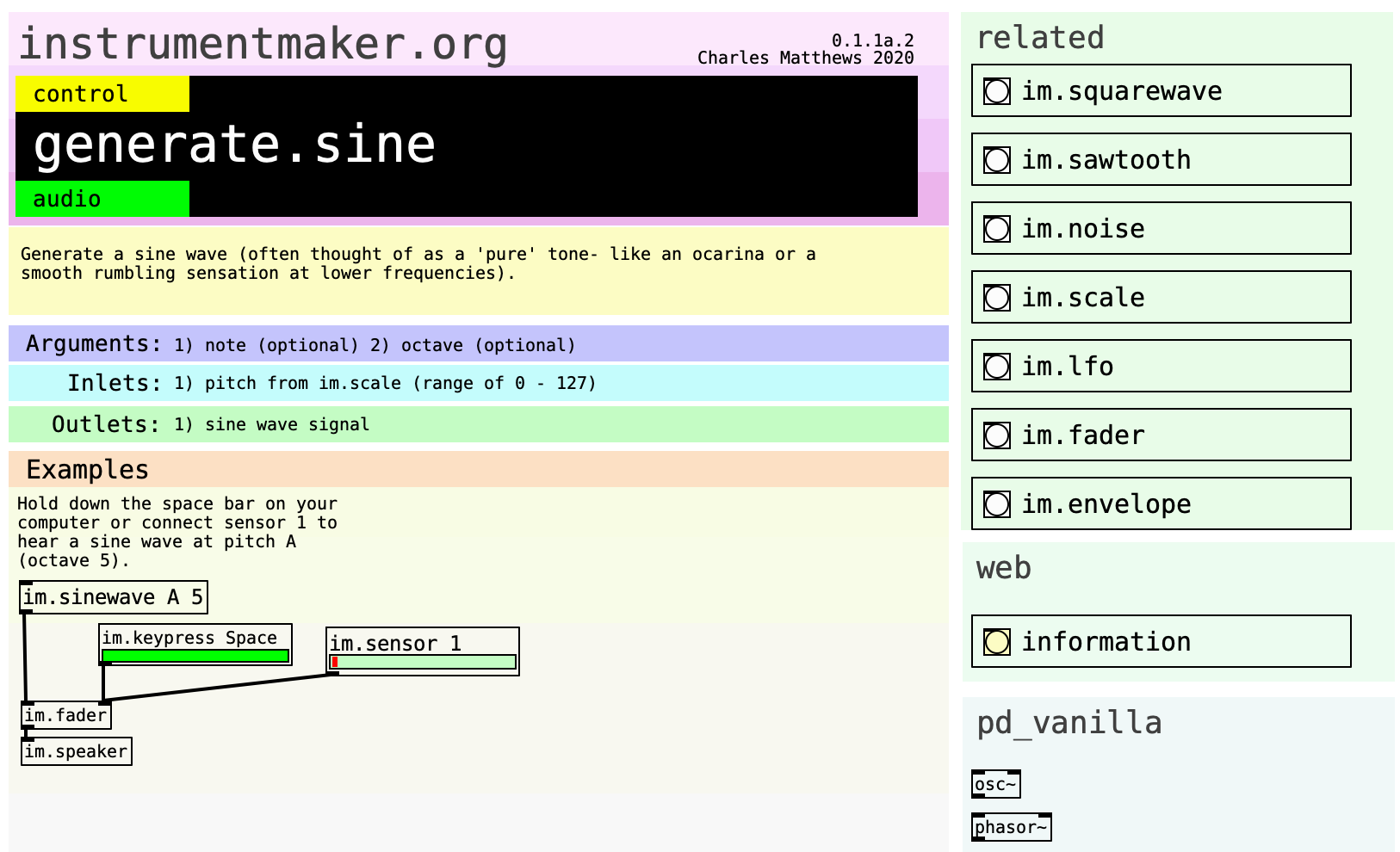 A brightly coloured window shows generate.sine, with a control input and audio output, and an example of a sinewave connected to a fader with a space bar and sensor input. along the right hand side are related items included squarewave, sawtooth, noise, and scale.